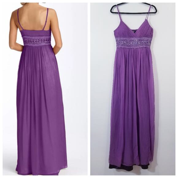 Adrianna Papell Chiffon Beaded Purple Maxi Dress Long Gown - Picture 1 of 16
